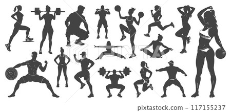 Fitness and gymnastic people dark silhouettes set. Men and women doing different sport activity with and without sport tools. Running lifting weights yoga poses. Isolated vector clipart collection 117155237