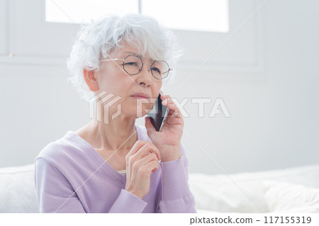 老婦人用智慧型手機交談 老婦人用智慧型手機交談 117155319