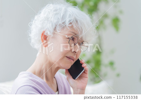 老婦人用智慧型手機交談 117155338