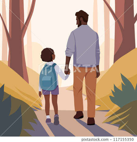 Vector flat illustration african father and little daughter walking to school in the park. Back to school. Black family and parental support Vector flat illustration african father and little daughter walking to school in the park. Back to school. Black family and parental support 117155350