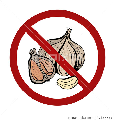 Vector prohibition sign with garlic. Allergy danger. Food without garlic. Forbidden sign Vector prohibition sign with garlic. Allergy danger. Food without garlic. Forbidden sign 117155355