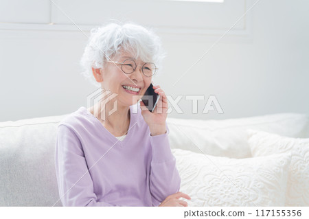 老婦人用智慧型手機交談 老婦人用智慧型手機交談 117155356