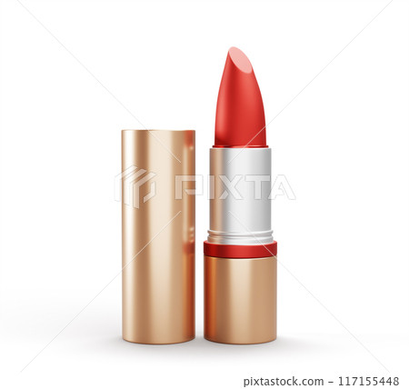 Red lipstick mockup 3d render icon. Cosmetic makeup beauty product template. Realistic pomade, luxury gold tube with open cap, lip gloss, design element isolated on white background. 3D illustration 117155448