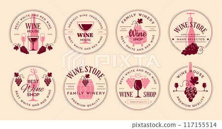 Wine market. Alcohol badges with wine bottles and grape stylized pictures and place for personal text recent vector templates Wine market. Alcohol badges with wine bottles and grape stylized pictures and place for personal text recent vector templates 117155514
