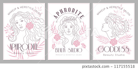 Beauty salon poster. Placard with aphrodite or beauty woman portraits recent vector fashion spa salon magazine flyer 117155518