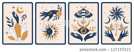Witchcraft posters. Magician and mysticism alchemical concept pictures on placard with place for text recent vector occult objets Witchcraft posters. Magician and mysticism alchemical concept pictures on placard with place for text recent vector occult objets 117155521