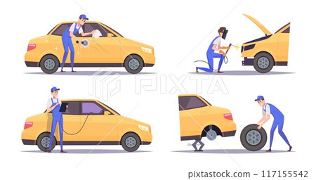 Car service. Repair vehicle change wheels and oil repairman characters exact vector cartoon templates Car service. Repair vehicle change wheels and oil repairman characters exact vector cartoon templates 117155542