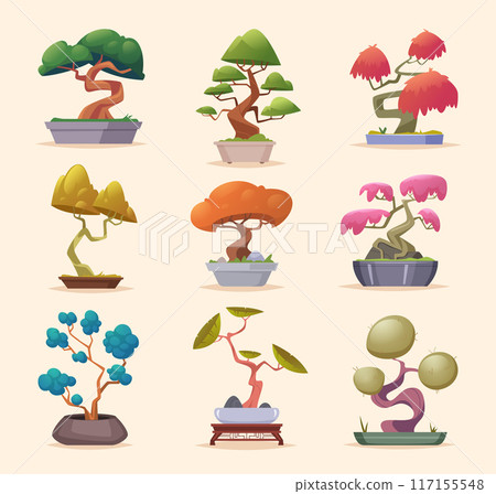 Bonsai tree. Asian decorative garden tree exact vector authentic plants for interior cartoon botanical illustrations set Bonsai tree. Asian decorative garden tree exact vector authentic plants for interior cartoon botanical illustrations set 117155548