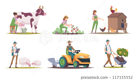 Agricultural characters. Farmers gardeners rural workers people in countryside exact vector village persons in cartoon style Agricultural characters. Farmers gardeners rural workers people in countryside exact vector village persons in cartoon style 117155552