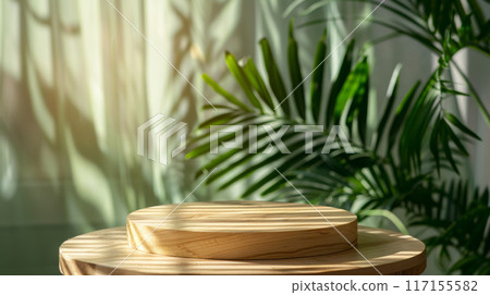 Wooden Platform with Palm Leaf and Sunlit Curtain Background 117155582