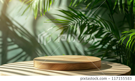 Wooden Platform Against Tropical Greenery With Sunlight and Shadow 117155583