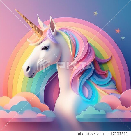 一隻美麗而夢幻的獨角獸,有著彩虹色的頭髮 一隻美麗而夢幻的獨角獸,有著彩虹色的頭髮 117155861
