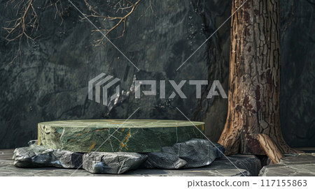 Stone Platform with Tree Trunk and Branches in a Rocky Setting Stone Platform with Tree Trunk and Branches in a Rocky Setting 117155863