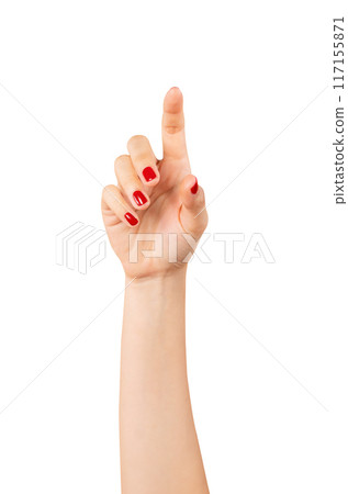 Clipping path, hand pointing at screen on isolated background. 117155871