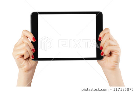 Hand holding digital tablet isolated on white background, Clipping path. 117155875