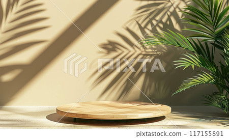 Wooden Platform with Palm Leaf Shadow on Beige Wall 117155891