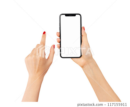 Clipping path, Hand holding smartphone isolated on white background. Clipping path, Hand holding smartphone isolated on white background. 117155911