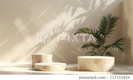 Minimalist Display with Beige Cylinders and Palm Plant 117155934