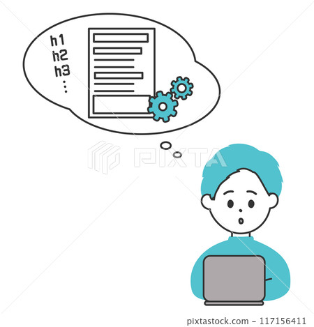 Illustration of a man thinking about the structure of an article Writer Blogger 117156411