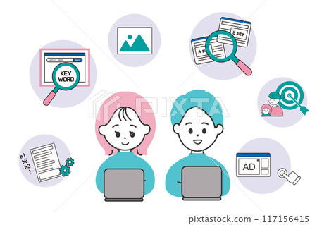 Men and women writing blogs and blog icon set Men and women writing blogs and blog icon set 117156415