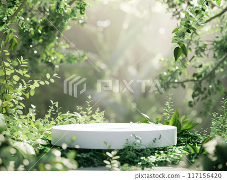 White Circular Platform Surrounded by Lush Greenery White Circular Platform Surrounded by Lush Greenery 117156420