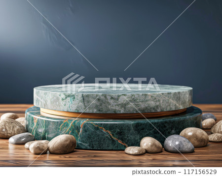 Green Marble Platform with Rocks on Wooden Surface 117156529