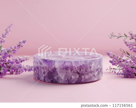 Amethyst Pedestal with Lilac Flowers on Pink Background 117156561