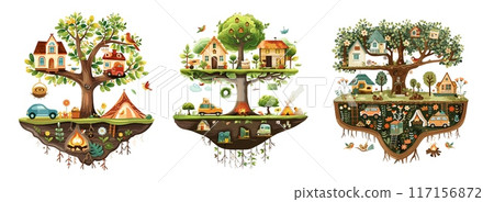 Fanciful tree dwelling illustrations cartoon vector concepts. Rustic cabin vehicles blooms greenery foliage cottages society shelters bonfire avians outdoor fantasy scenery isolated on white backdrop 117156872