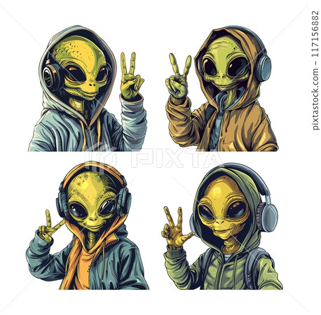 Cool alien headphones making peace sign cartoon vector concepts. Ufo green skin dark big eyes humanoid sound gadget hoodie urban streetwear objects slender hand gesture characters, isolated artworks 117156882