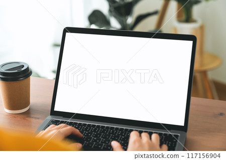 Hand using laptop and typing on keyboard with mockup of blank screen on wooden table. Hand using laptop and typing on keyboard with mockup of blank screen on wooden table. 117156904
