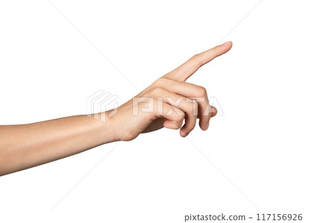 Hand pointing at screen on isolated background. 117156926