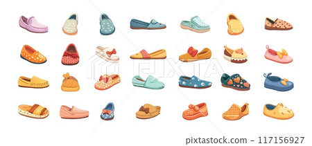 Children shoes cartoon vector set. Boy girl kid footwear casual bows rubber home crocs comfy fashionable fun decorative styles slippers isolated on white background 117156927