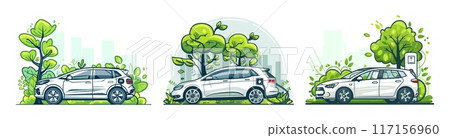 Charging vehicles urban spot outline vector artworks. Verdant park hybrid trees city skyline eco friendly power forthcoming automobiles energy isolated illustrations 117156960