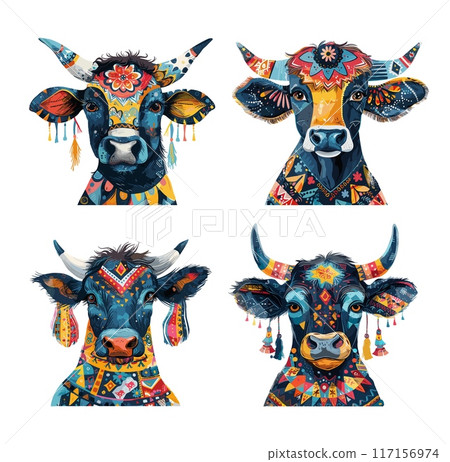 Bull patchwork cartoon vector collection. Cow horns beads livestock head earrings decorations cattle tribal icon farm creature animals, drawings isolated on white backdrop 117156974