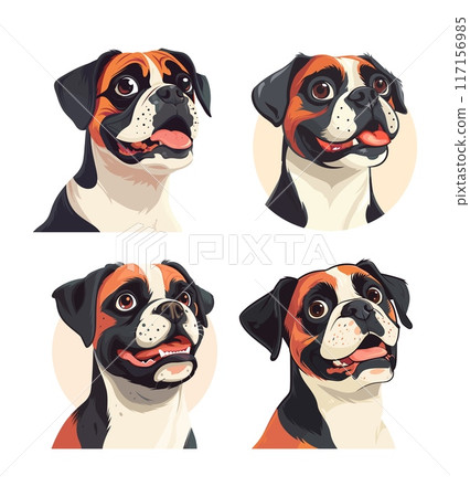 Boxer dog portraits cartoon illustrations. Avatar furry animal friendly joyful companion smiling face playful pet character isolated artworks white background 117156985