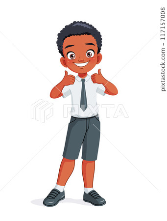 Little African American school boy showing thumbs up. Cartoon vector illustration. Little African American school boy showing thumbs up. Cartoon vector illustration. 117157008