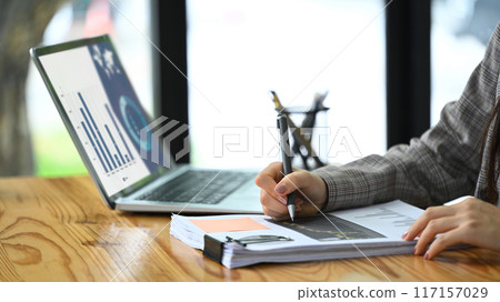 Unrecognizable businesswoman analyzing statistical reports on her laptop and preparing presentation Unrecognizable businesswoman analyzing statistical reports on her laptop and preparing presentation 117157029