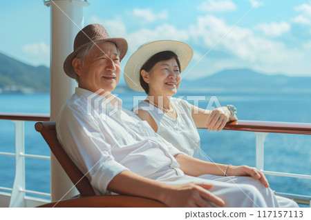 Senior couple sitting on deck chairs on a luxury cruise ship and looking at the sea 117157113