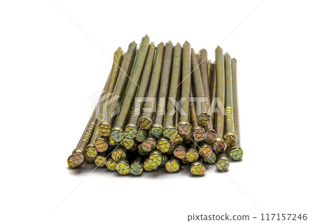 Thin iron nails, neatly laid in several rows 117157246