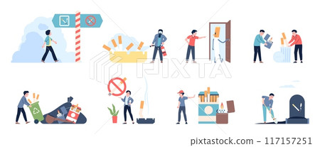 People rejecting smoking. Dont smoke, no cigarettes addiction. Go to healthy lifestyle, health disease prevention. Bad habit recent vector scenes 117157251
