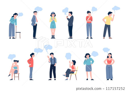 People smoking. Adults teenagers smoke cigarettes, e-cigs, tobacco. Men women smokers, unhealthy addiction, vapes and digital cigarette recent vector set 117157252