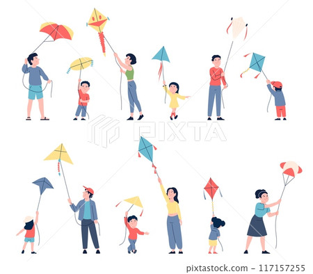 People and flying kite. Adults and children playing with kites on air. Happy seasonal time outdoor, flying kites season. Wind toys recent vector set 117157255