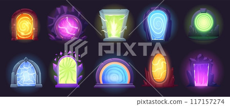 Cartoon magic portals. Fantasy teleports for games, magical light doorways in adventures. Mystical fantastical worlds nowaday vector elements 117157274