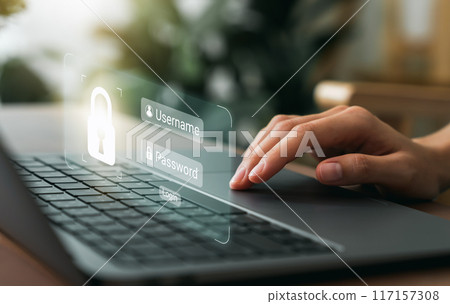 Hand using laptop and press scan to login screen, private data and prevent identity. 117157308