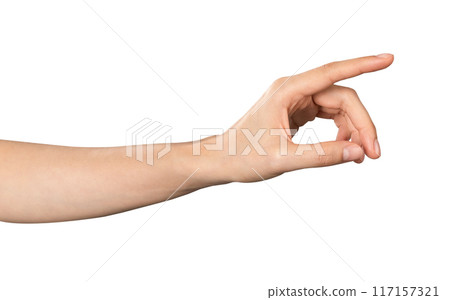 Hand pointing at screen on isolated background. 117157321