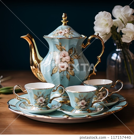 Blue and white porcelain teapot with four teacups and saucers on a matching tray 117157440