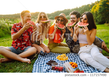 Group of young friends having picnic, eating watermelon, enjoy summer party. Summer vacation concept Group of young friends having picnic, eating watermelon, enjoy summer party. Summer vacation concept 117157490