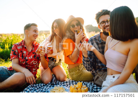Cheerful company on sunny meadow at picnic is resting, drinking beer, cheers. Holliday concept. 117157501