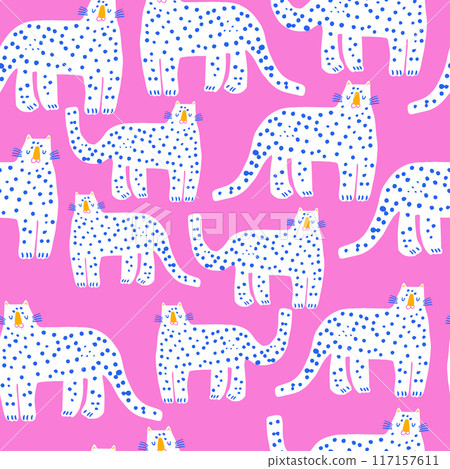 Childish jungle pattern with cute modern style cheetah characters. Vector seamless texture for kids apparel,wallpaper, fabric. Childish jungle pattern with cute modern style cheetah characters. Vector seamless texture for kids apparel,wallpaper, fabric. 117157611