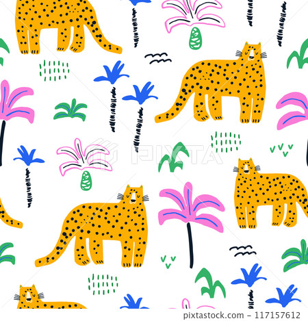 Childish jungle pattern with cute modern style cheetah characters and palm trees. Vector seamless texture for kids apparel,wallpaper, fabric. 117157612